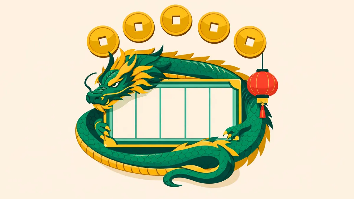 Coiled eastern dragon around pokie reels under five gold coins and a lantern, illustrating our 5 Dragons guide