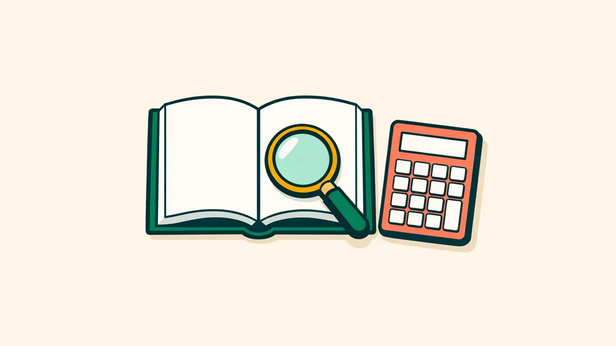 Open guidebook with a magnifying glass and a calculator, summing up what PokiePundit is about: the numbers, checked