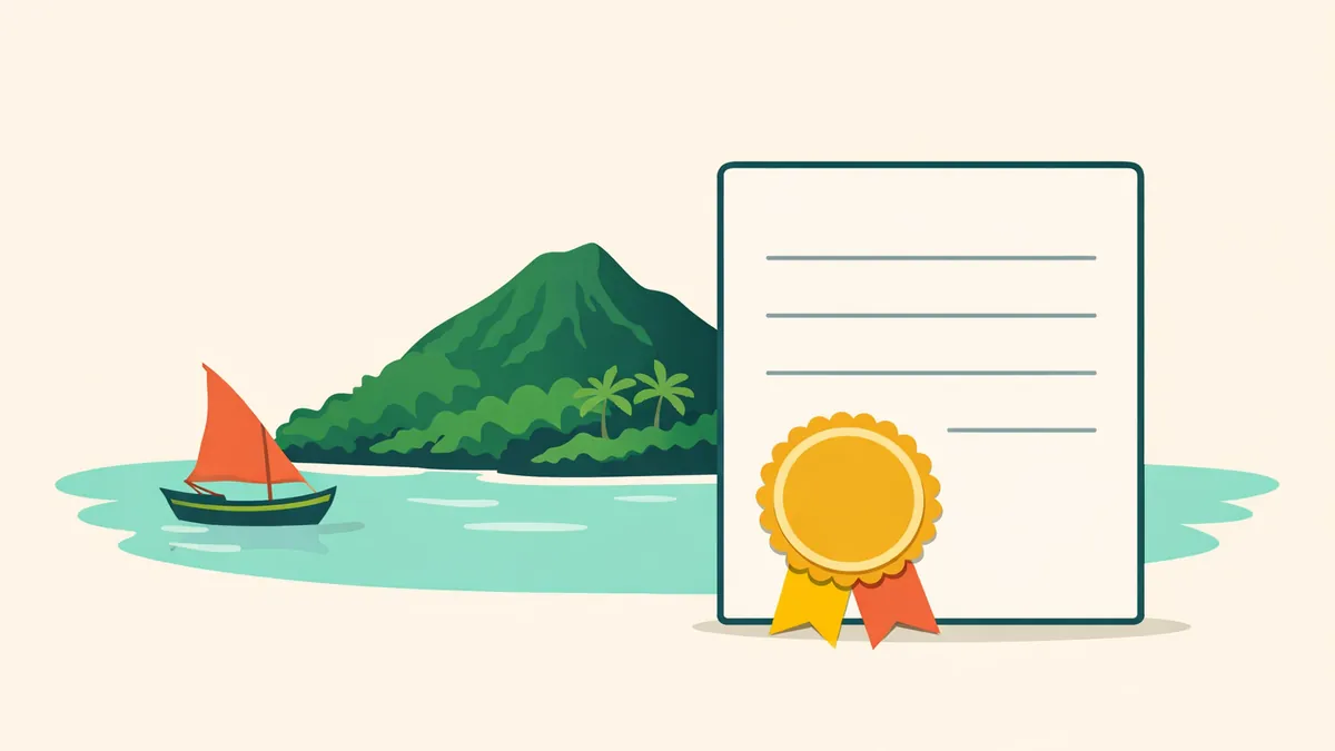 Green volcanic island with a sailing boat beside a sealed certificate, explaining the Anjouan gaming licence