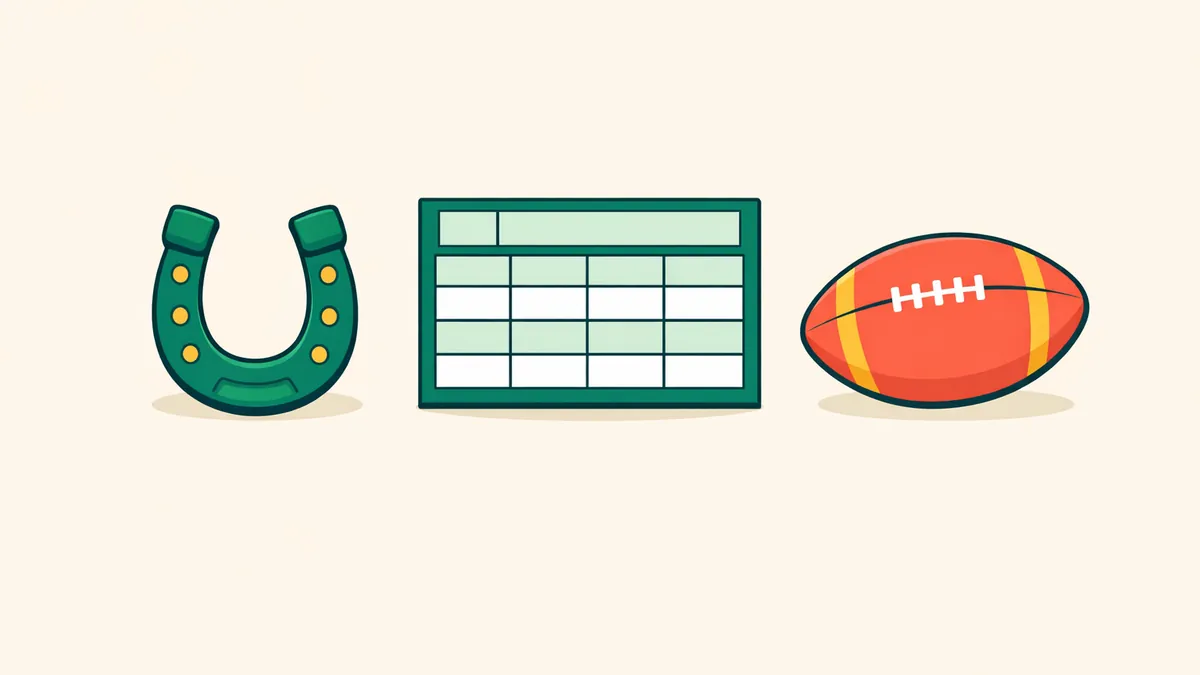Horseshoe, form guide table and football, illustrating the bet types explained in this guide