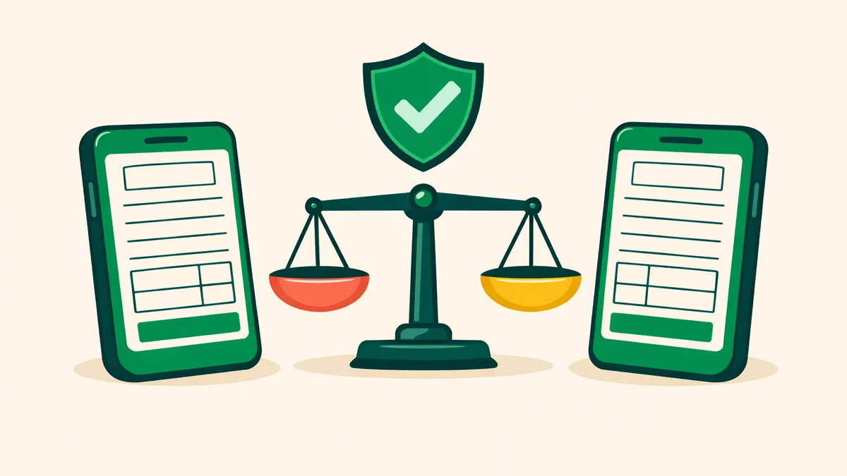 Two phones with betting slips, a balance scale and a licence shield, for comparing betting apps in Australia