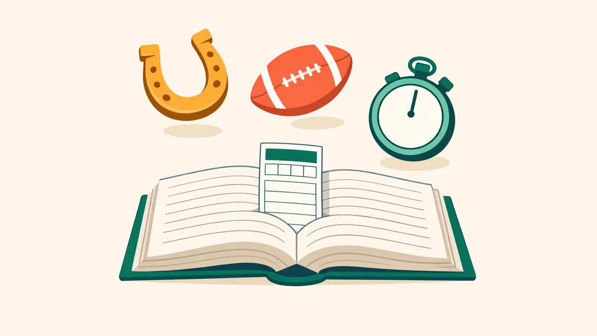 Open dictionary with a bet slip bookmark, a horseshoe, ball and stopwatch, illustrating our betting glossary