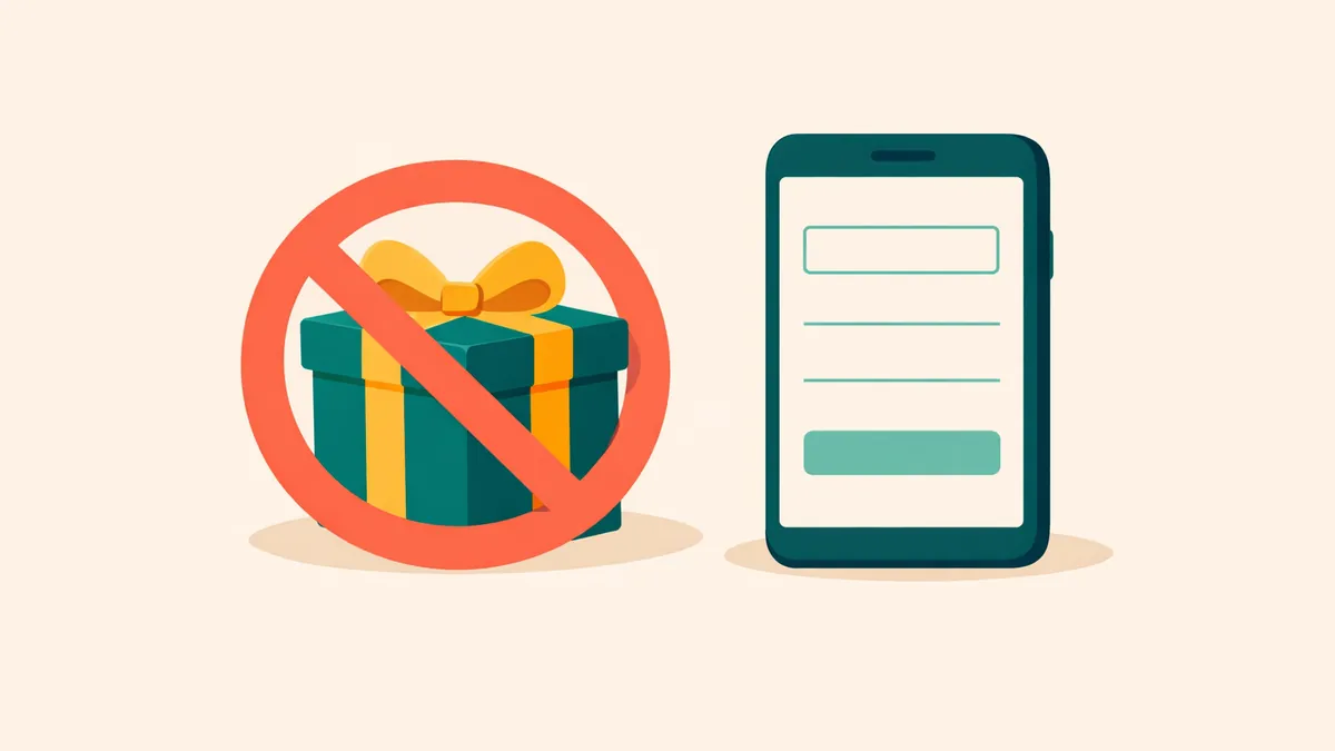 Gift box under a prohibition sign beside a phone sign-up form: licensed bookmakers cannot offer a sign up bonus here