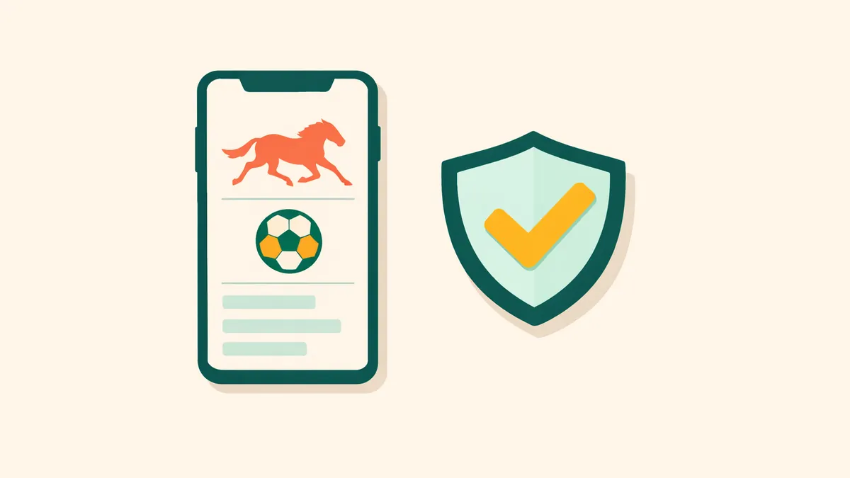Phone showing a racing and football betting app beside a shield with a tick, illustrating licensed betting sites