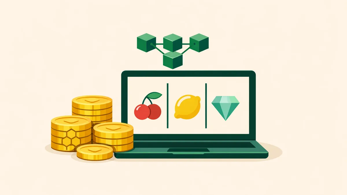 Laptop pokie beside gold coins and linked blockchain cubes, illustrating our guide to BGaming crypto pokies