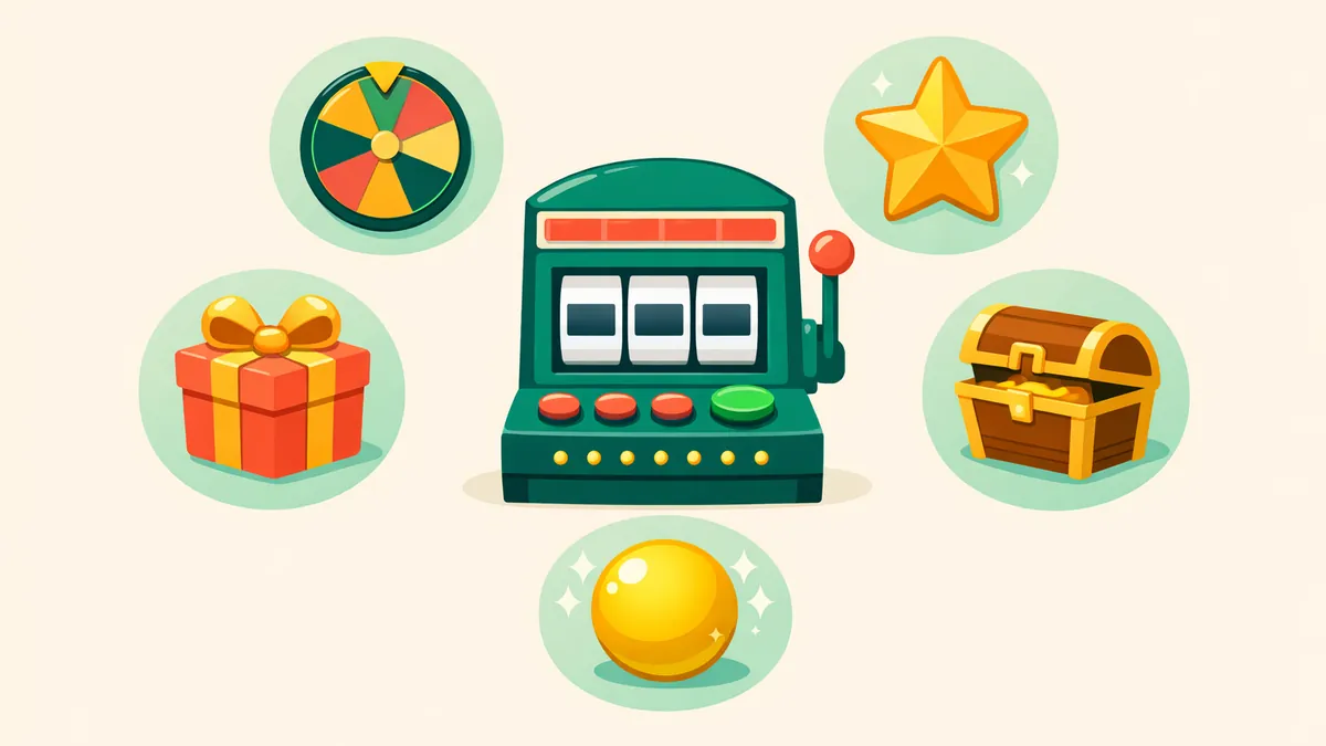 Pokie surrounded by a bonus wheel, free spins star, gift box, multiplier orb and chest, explaining bonus features