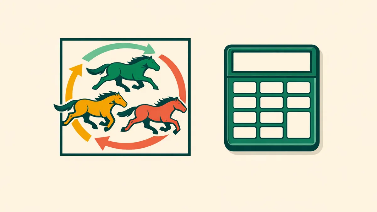 Three racehorses in a box frame circled by arrows for every finishing order, beside a boxed trifecta calculator