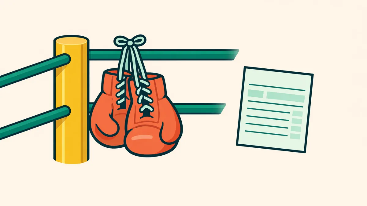 Boxing gloves hanging over the ropes of an empty ring corner with a bet slip, illustrating boxing betting