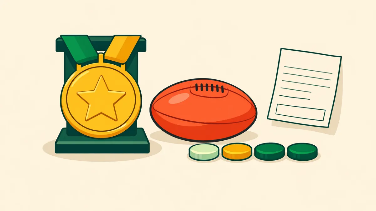 Gold medal on a stand beside a footy and vote tokens, illustrating our Brownlow Medal betting guide