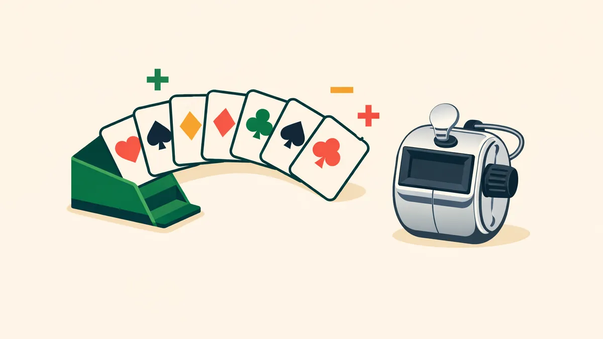 Cards fanning out of a dealing shoe next to a hand tally counter, explaining card counting in blackjack