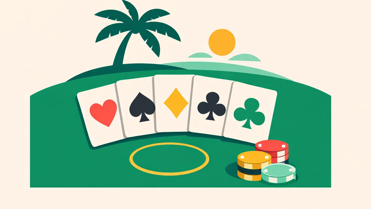 Five card poker hand on felt with a palm tree and sun behind, illustrating Caribbean stud poker