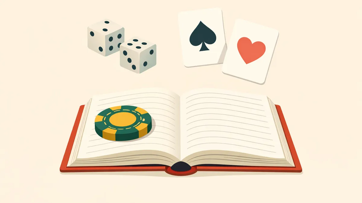 Open dictionary with a chip on the page and dice and cards floating above, illustrating our casino glossary