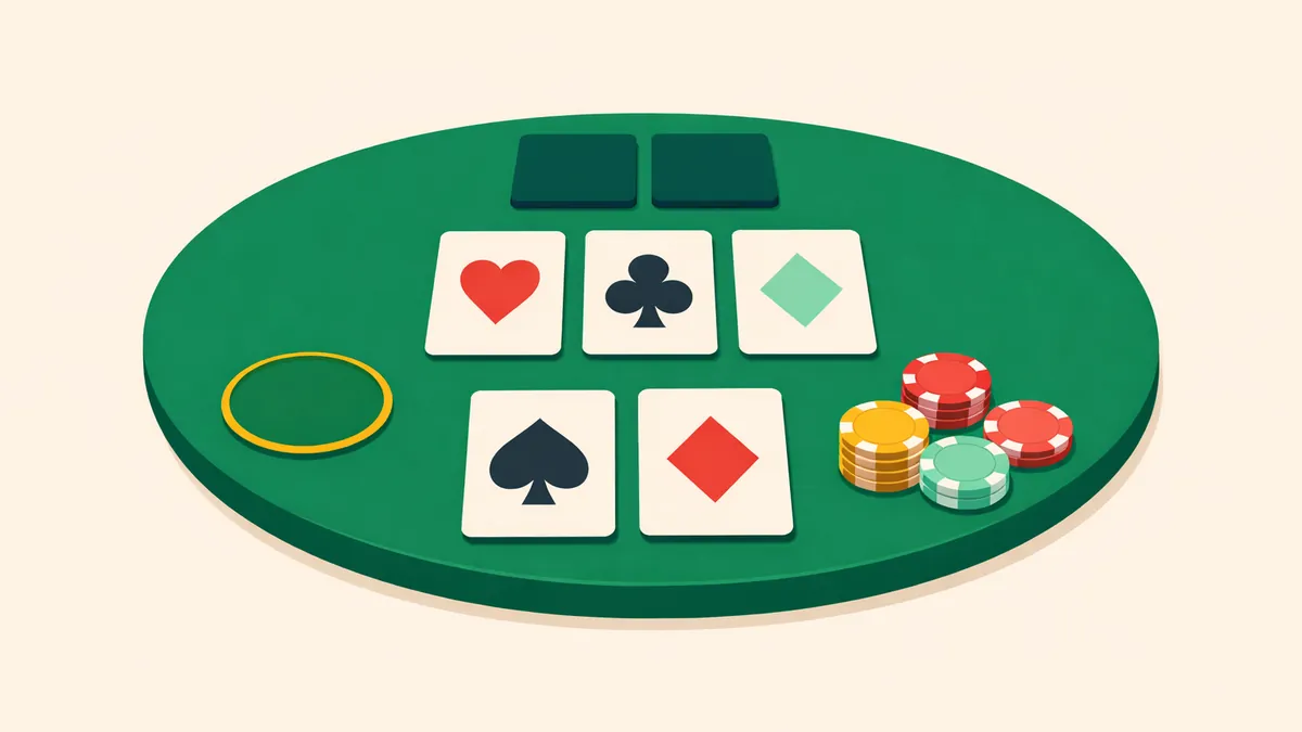 Player cards facing dealer cards around a three card flop with an ante bet, illustrating casino hold'em