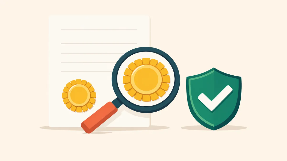 Magnifying glass over a certificate seal beside a ticked shield, showing how to check a casino licence