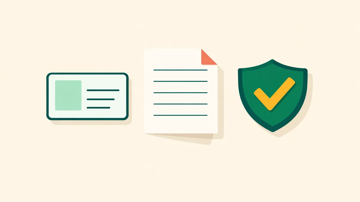 ID card and a document beside a shield with a tick, illustrating the casino verification process