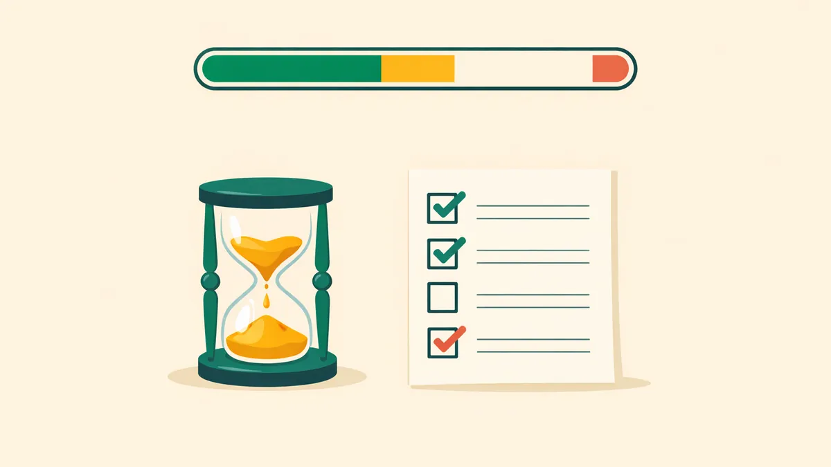 Stalled progress bar beside an hourglass and a half-ticked checklist, illustrating a casino withdrawal stuck on pending