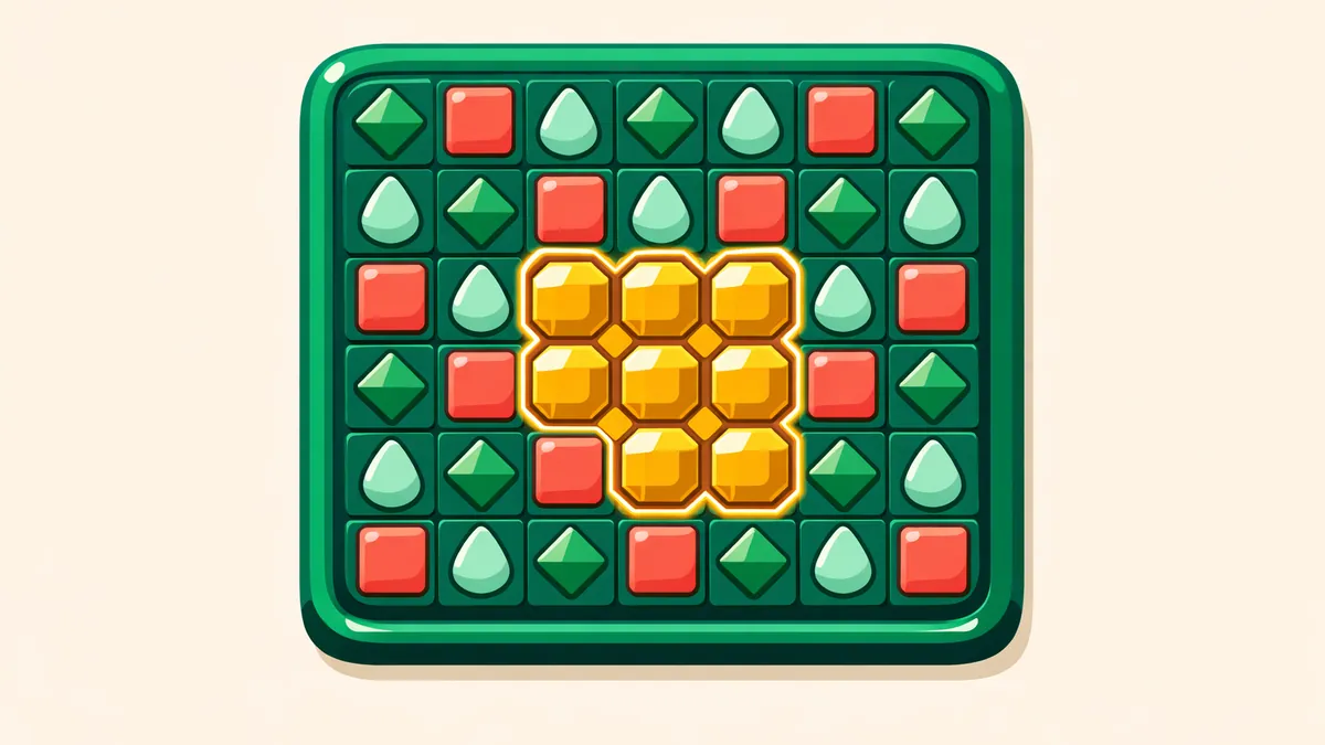 Gem grid with one connected cluster of gold gems glowing, explaining how cluster pays pokies work