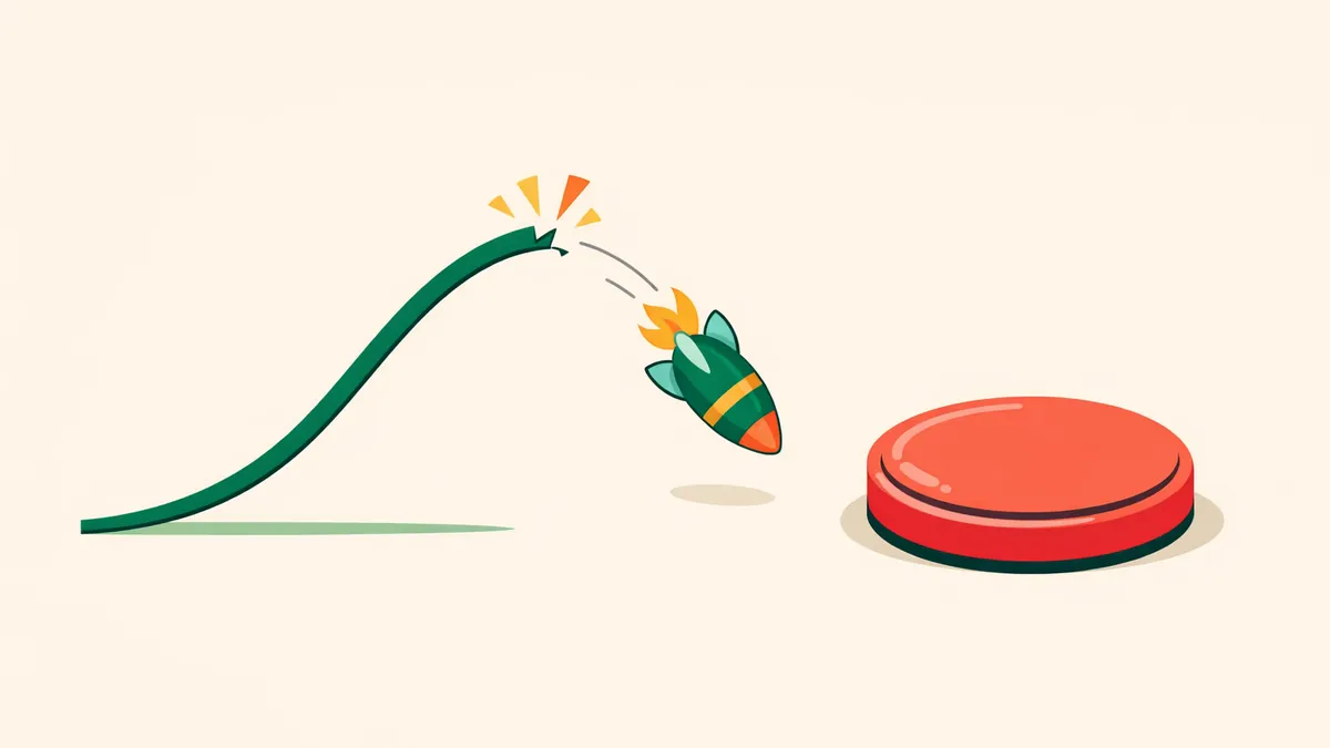 Rocket breaking off its curve and tumbling down beside a cash-out button, illustrating how crash games end