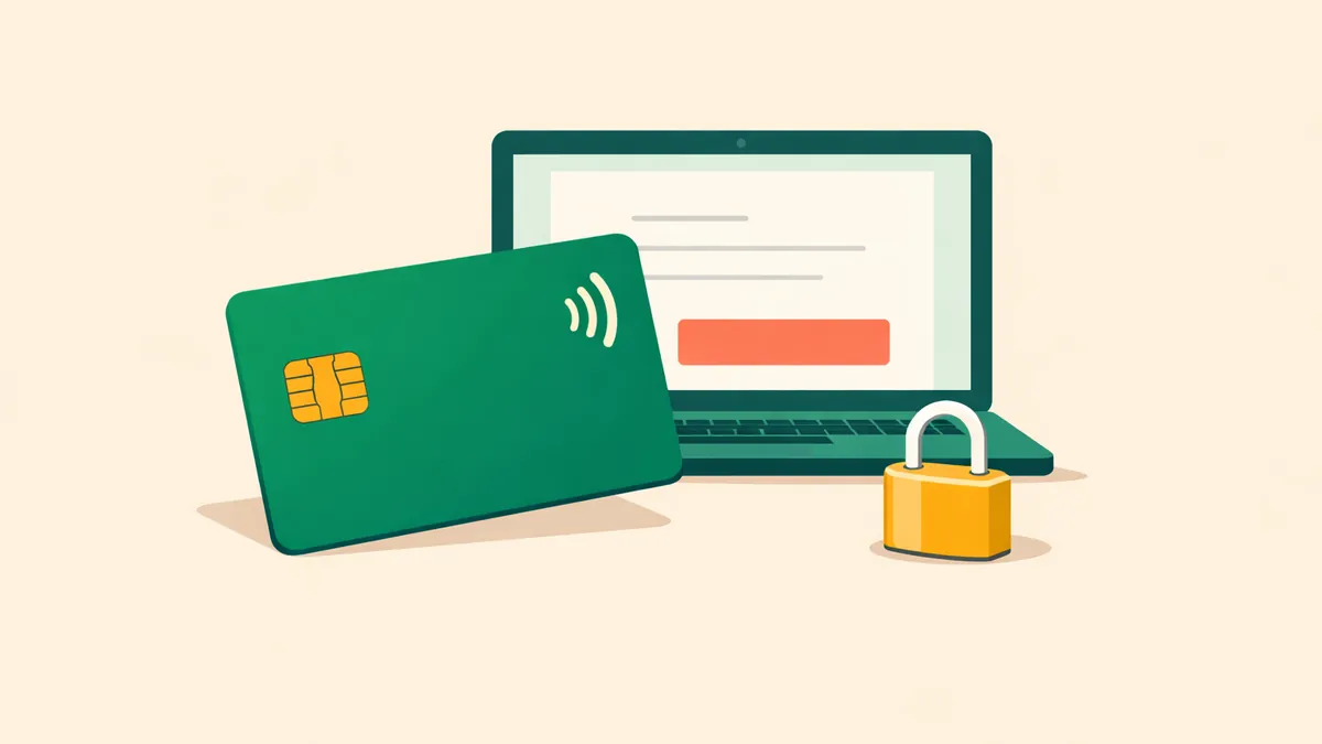Credit card with a chip and contactless waves before a laptop checkout and padlock, illustrating credit card casinos