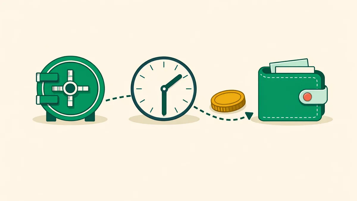 Coin on a dotted path from a vault past a clock to a wallet, showing where a crypto casino withdrawal waits