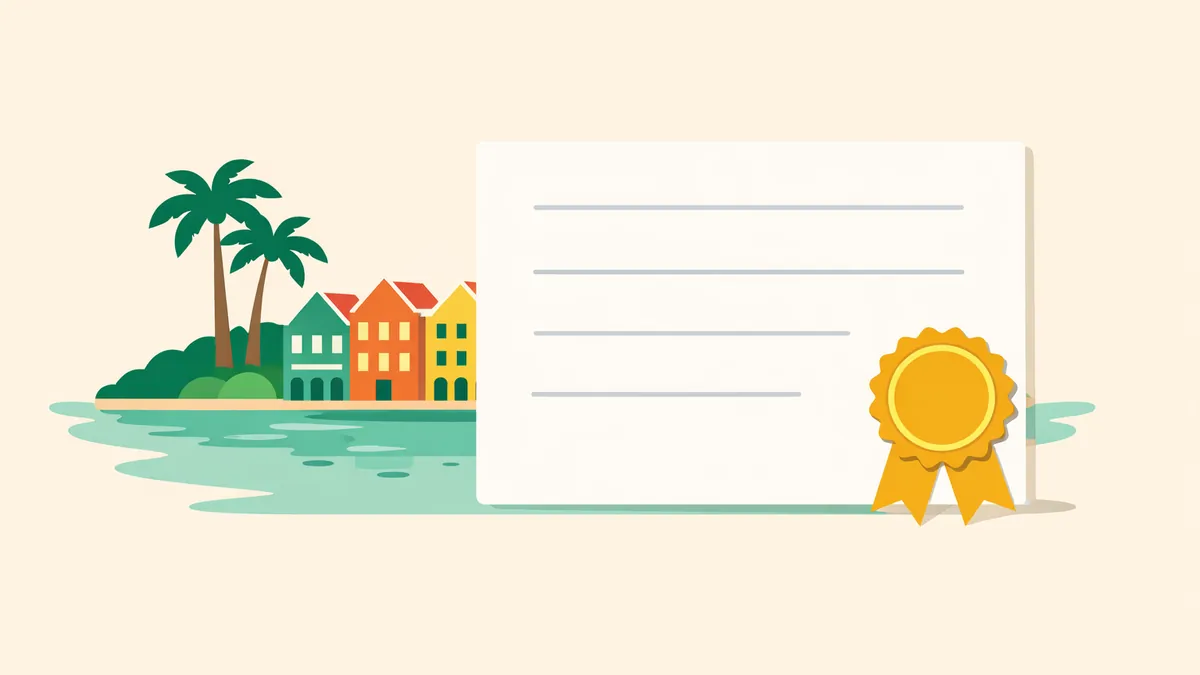 Caribbean island with palms and colourful houses beside a sealed certificate, explaining the Curacao licence