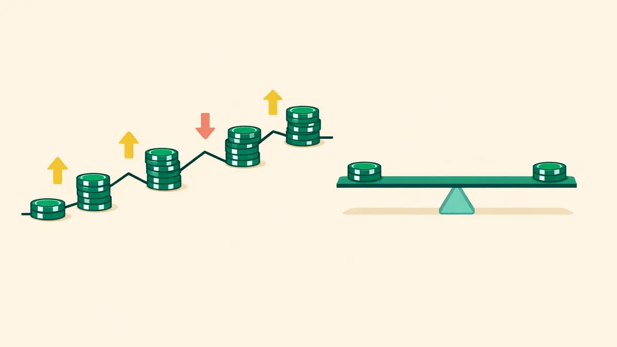 Chip stacks rising and falling one step at a time beside a balanced seesaw, explaining the D'Alembert system
