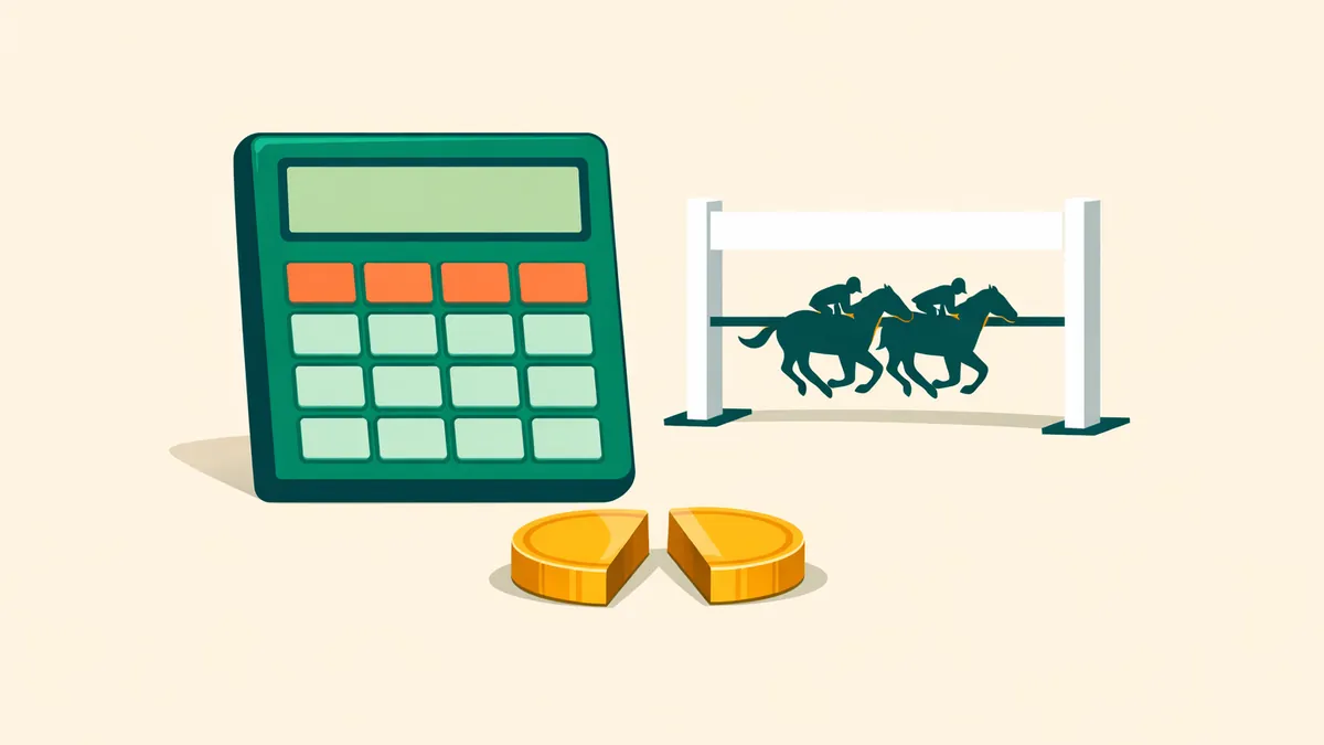 Calculator beside two horses level at the finish and a split coin, illustrating our dead heat calculator