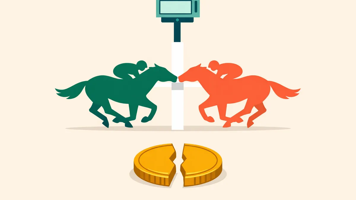 Two racehorses crossing the finish nose to nose above a coin split in half, explaining dead heat rules