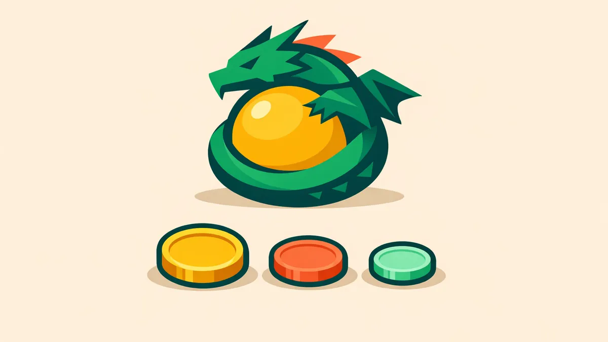 Generic dragon coiled around an orb above three coins of different sizes, illustrating Dragon Link pokies and denominations