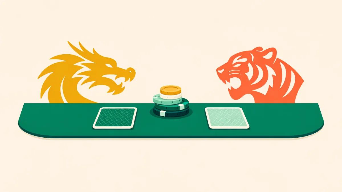 Gold dragon and coral tiger facing off above two face down cards, illustrating the card game Dragon Tiger