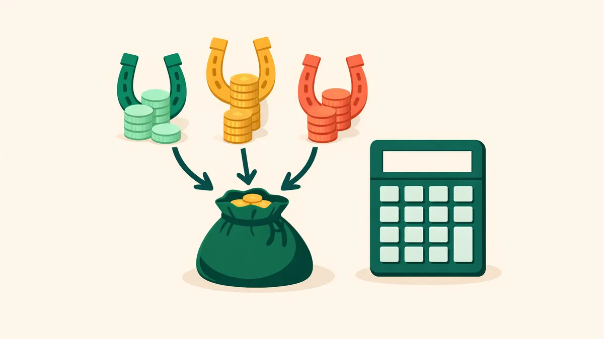 Three horseshoes with different coin stacks feeding one pouch beside a calculator, illustrating a dutching calculator
