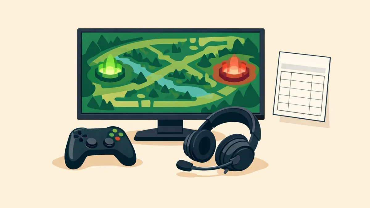 Monitor showing a battle arena map with a controller and headset, illustrating our esports betting guide