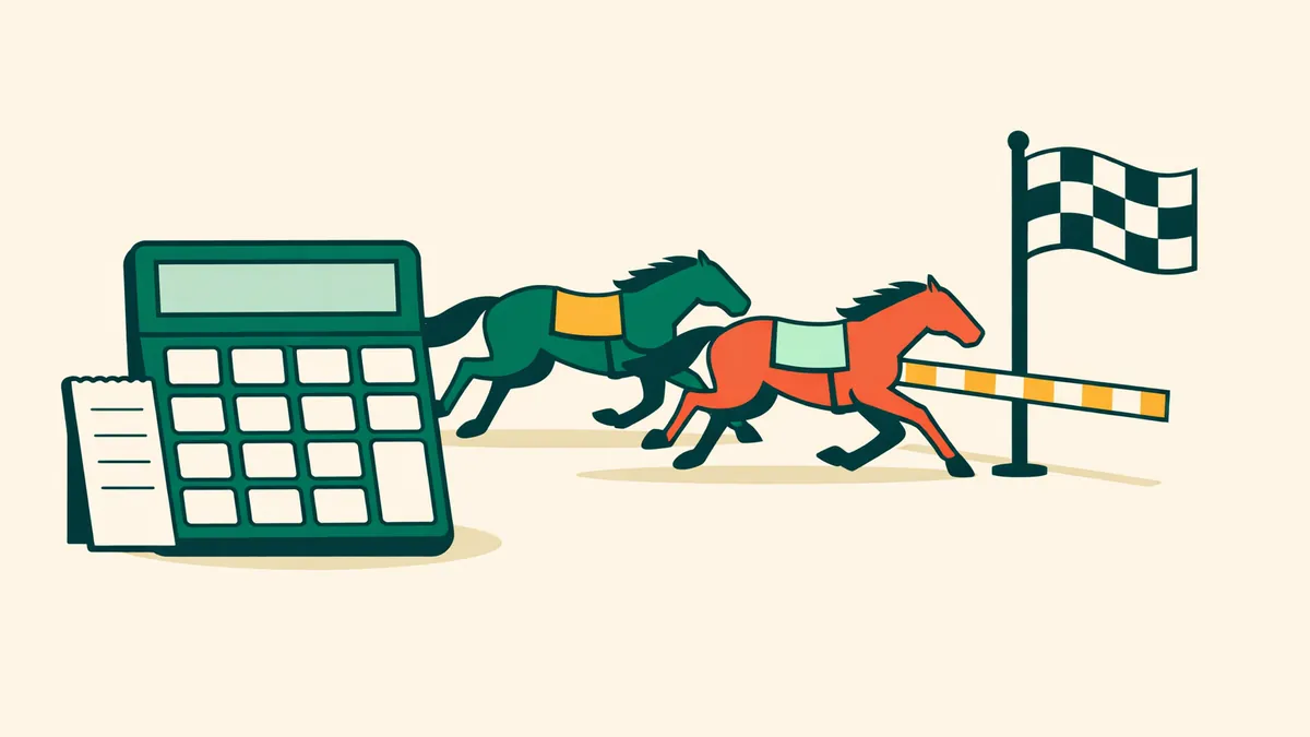 Two racehorses crossing the finish line in order next to a calculator, illustrating an exacta calculator