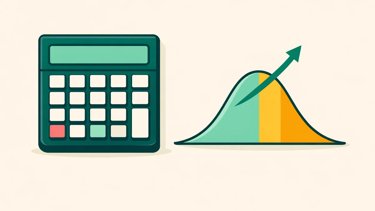 Calculator beside a bell curve with a shaded gold edge, illustrating our expected value calculator