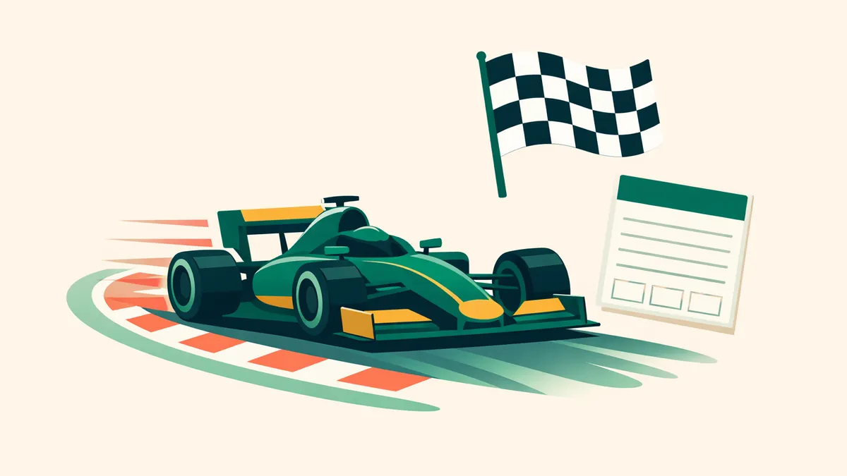Open wheel race car speeding under a chequered flag beside a bet slip, illustrating our F1 betting guide