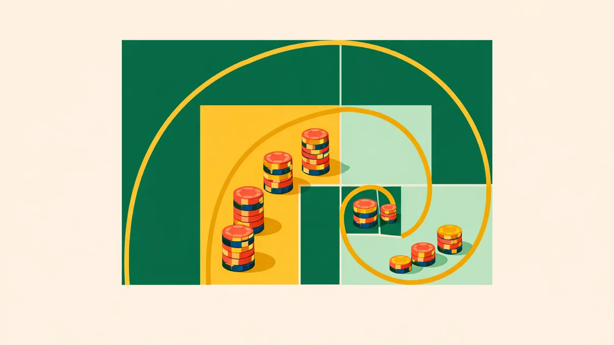 Golden spiral through nested squares holding growing chip stacks, explaining the Fibonacci betting system