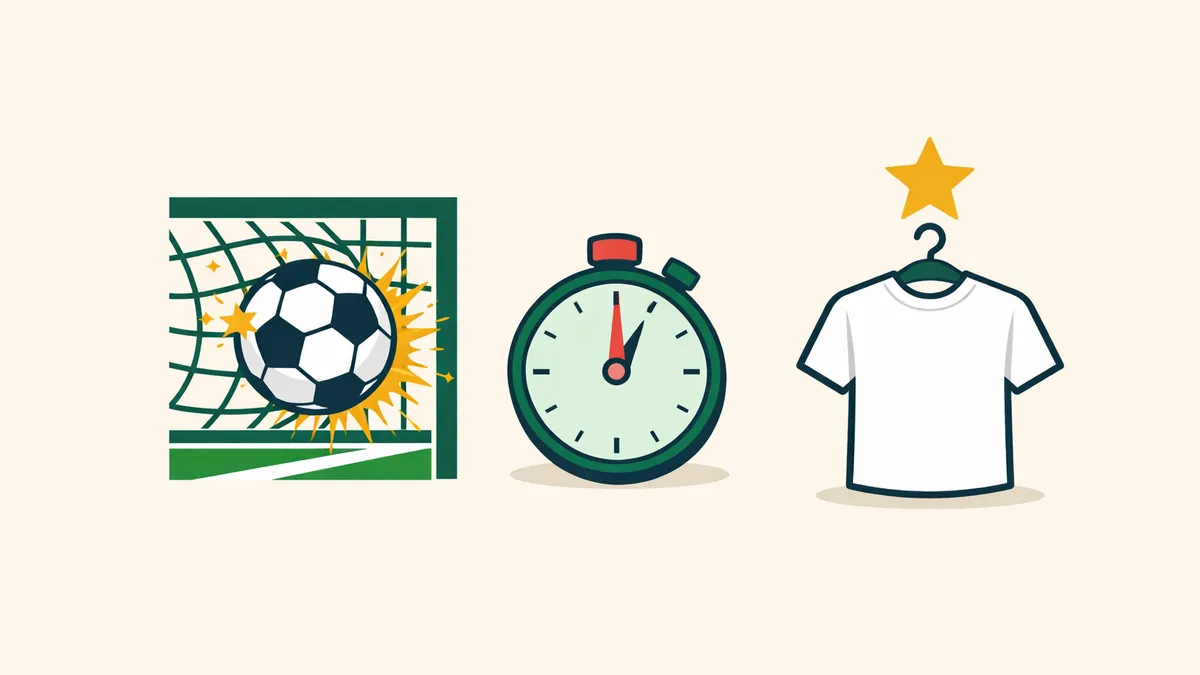 Ball crossing the goal line beside an early stopwatch and a starred jersey, explaining first goal scorer bets