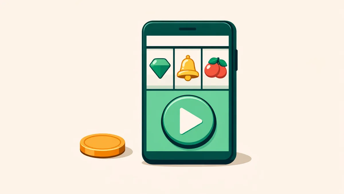 Phone showing pokie reels and a play button beside a single coin, illustrating free pokies in demo mode