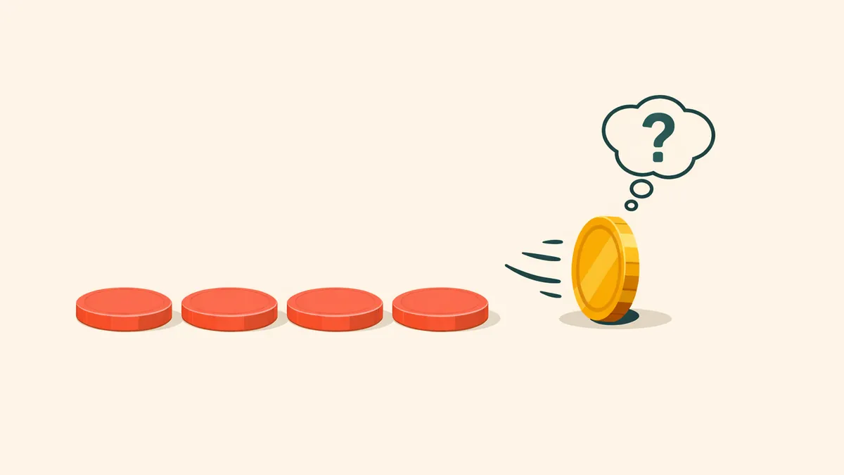 Row of identical coins followed by a spinning coin with a question bubble, explaining the gambler's fallacy