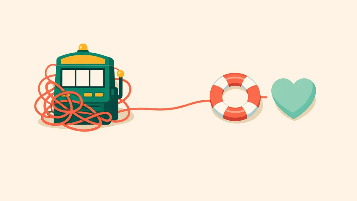 Tangled string around a pokie unravelling to a life ring and heart, illustrating signs of gambling addiction