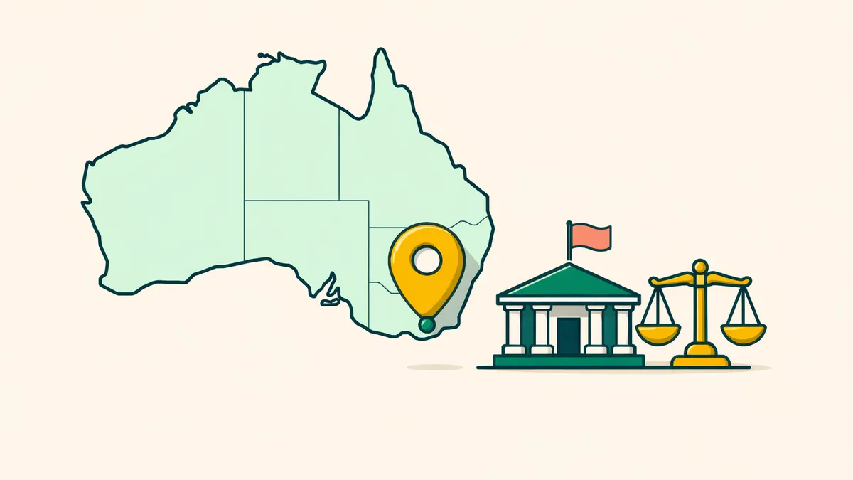 Map pin on the ACT beside a government building and a scale of justice, illustrating ACT gambling laws