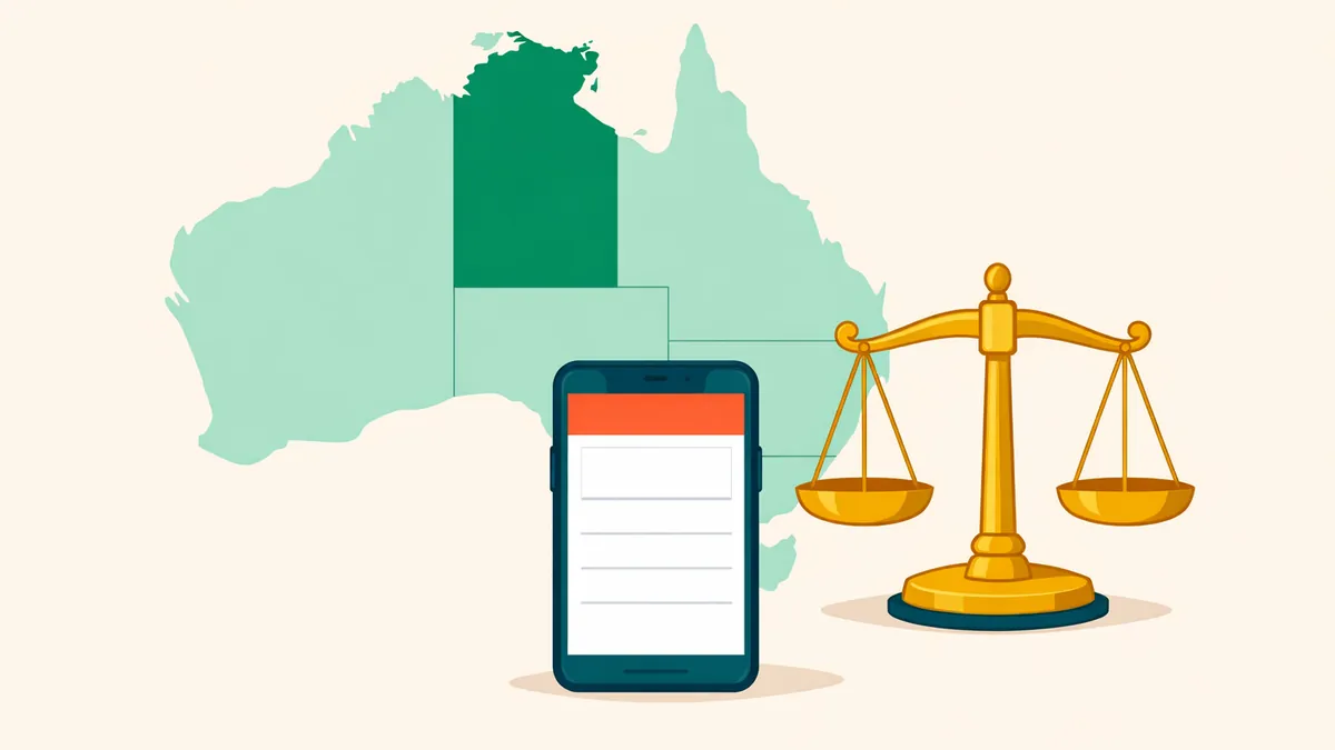 Map with the Northern Territory highlighted beside a scale and a phone bet slip, illustrating NT gambling law