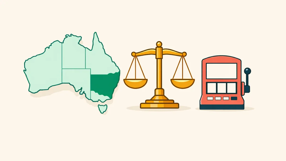 Map of Australia with New South Wales highlighted beside a scale of justice and a pokie, illustrating NSW gambling law