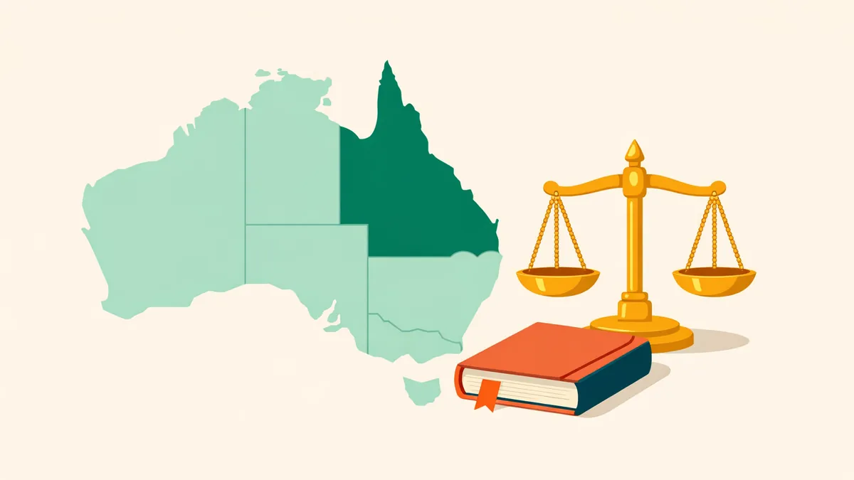 Map of Australia with Queensland highlighted beside a scale of justice and a law book, illustrating Queensland law