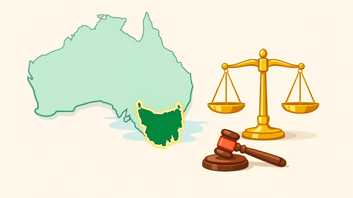 Map of Australia with Tasmania highlighted beside a scale of justice and a gavel, illustrating Tasmanian gambling law