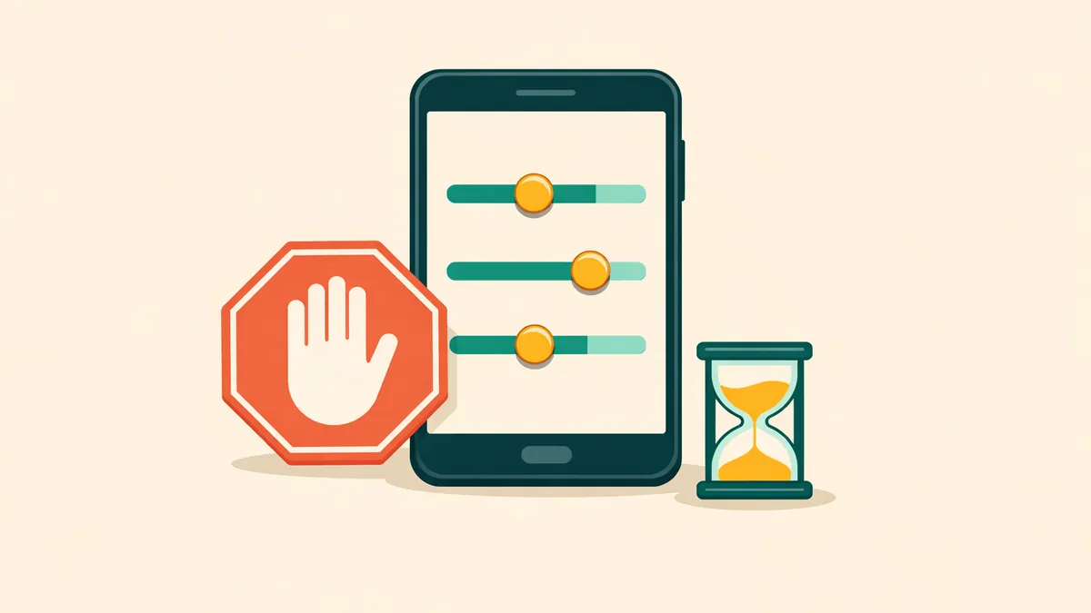 Phone with limit sliders beside a stop sign and an hourglass, illustrating how to set gambling limits