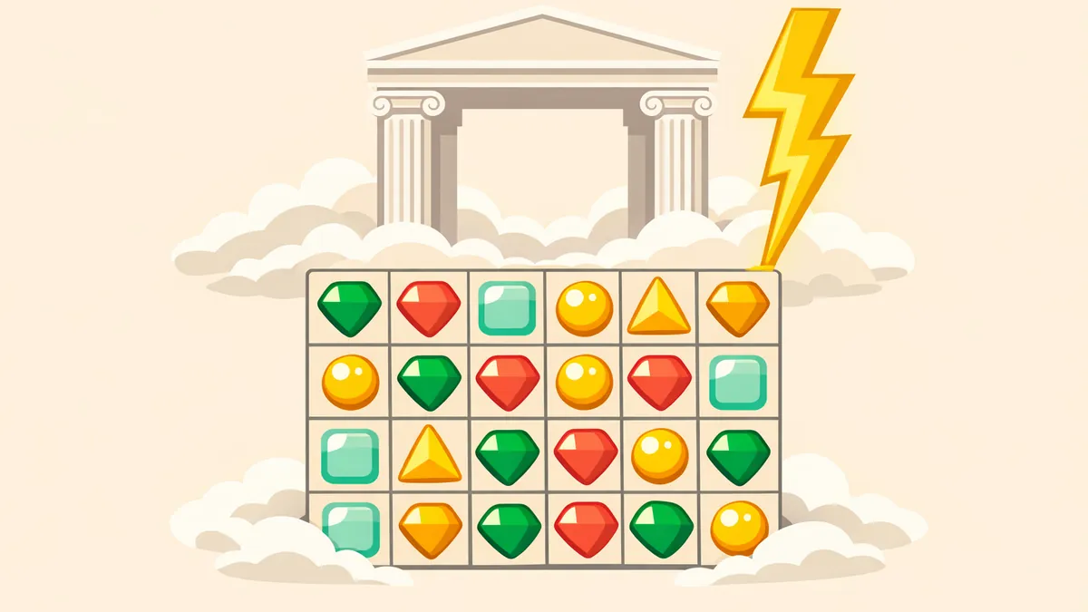 Marble temple on clouds with a lightning bolt over a gem pokie grid, illustrating our Gates of Olympus guide