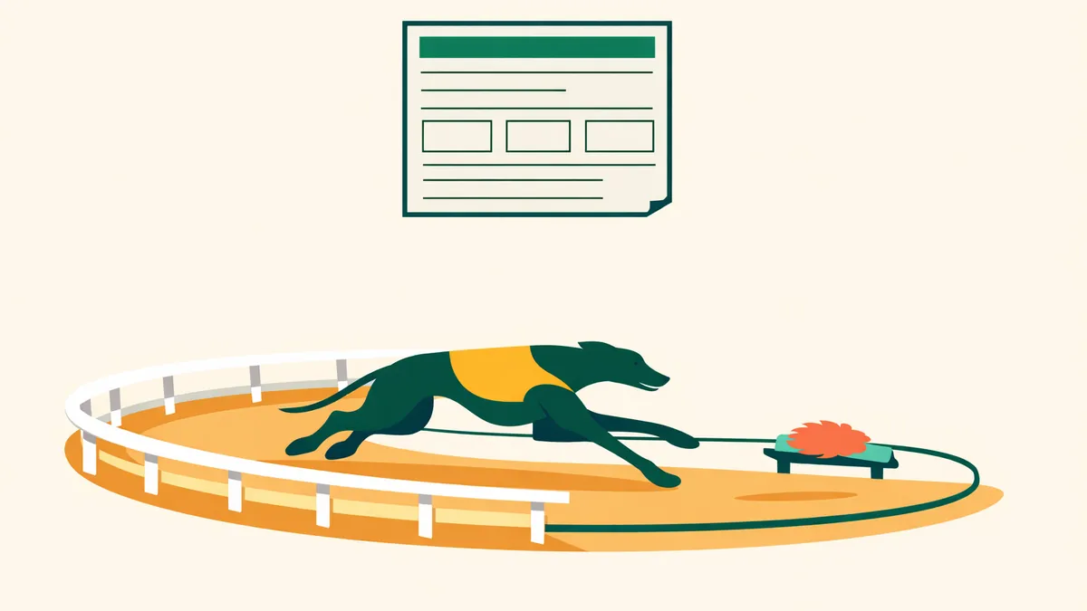 Greyhound racing around a curved track after a lure below a bet slip, illustrating greyhound betting