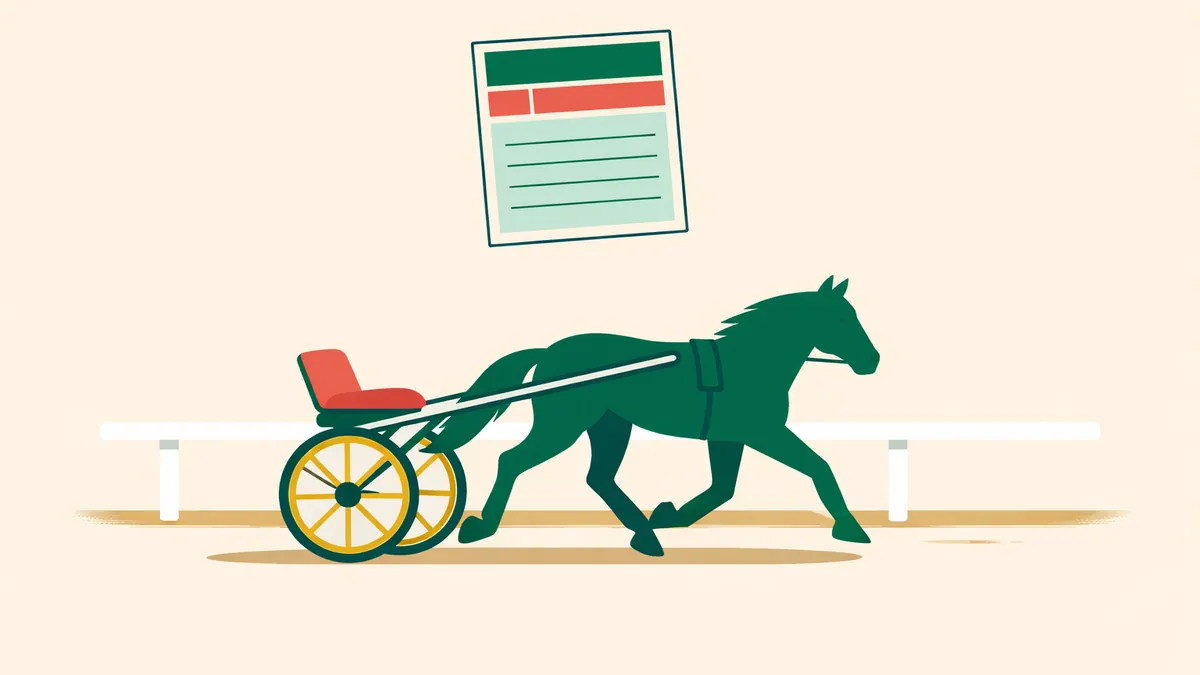 Trotting horse pulling a racing sulky along the track below a bet slip, illustrating harness racing betting