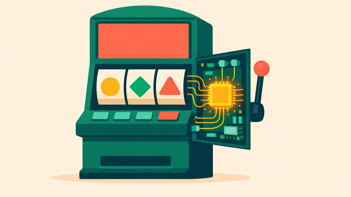 Pokie machine opened up to show the circuit board chip that drives the reels, explaining how pokies work